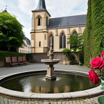 A hidden garden in Luxembourg City behind an old church, filled with roses and a murmuring fountain, creating a magical and peaceful atmosphere. Focus on the colors and tranquility.