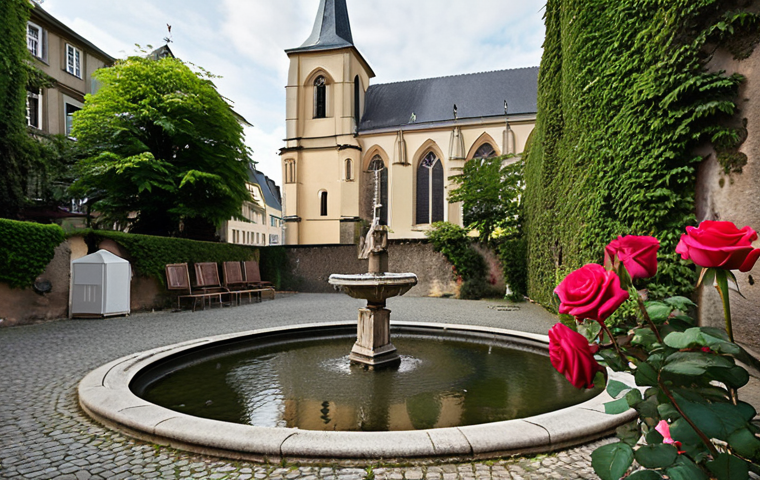 A hidden garden in Luxembourg City behind an old church, filled with roses and a murmuring fountain, creating a magical and peaceful atmosphere. Focus on the colors and tranquility.